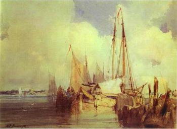 理查德 帕尅斯 伯甯頓 French River Scene with Fishing Boats 理查德 帕尅斯 伯甯頓 French River Scene with Fishing Boats
